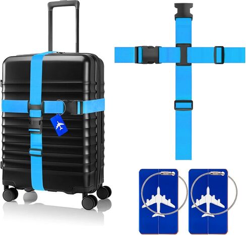 BILIONE Cross Luggage Straps and Luggage Tags Set, Cross Luggage Straps and 2 Tags Set, Heavy Duty Suitcase Belts Adjustable Travel Accessories for 20-32 Inch Luggage (Blue) in Saudi Arabia