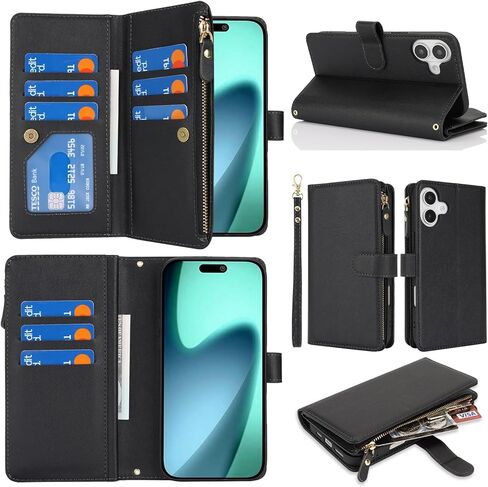 Jaorty Wallet Case متوافقة مع iPhone 17 Pro Max مع حزام المعصم ، 2025 محفظة إطلاق للنساء الرجال ، [9 فتحات البطاقة] حامل البطاقة السوستري in Kuwait