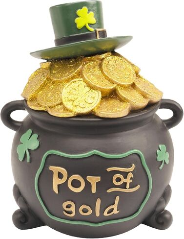 7.6" St Patricks Day Pot Of Gold Decorations, Resin Saint Patrick's Cookie Candy Jar Dish with Lid, Black Leprechaun Pot Of Gold Bucket Table Centerpieces Mantel March Home Decor, Irish Gifts in Saudi Arabia