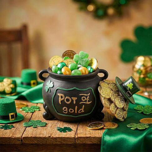 7.6" St Patricks Day Pot Of Gold Decorations, Resin Saint Patrick's Cookie Candy Jar Dish with Lid, Black Leprechaun Pot Of Gold Bucket Table Centerpieces Mantel March Home Decor, Irish Gifts in Saudi Arabia