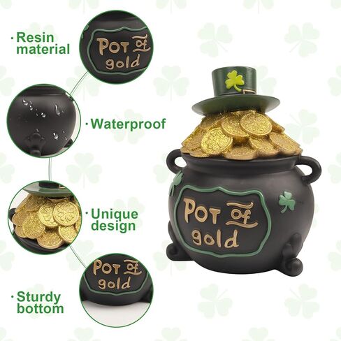 7.6" St Patricks Day Pot Of Gold Decorations, Resin Saint Patrick's Cookie Candy Jar Dish with Lid, Black Leprechaun Pot Of Gold Bucket Table Centerpieces Mantel March Home Decor, Irish Gifts in Saudi Arabia