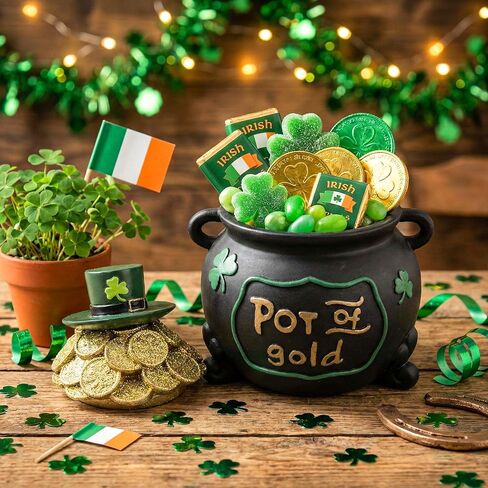 7.6" St Patricks Day Pot Of Gold Decorations, Resin Saint Patrick's Cookie Candy Jar Dish with Lid, Black Leprechaun Pot Of Gold Bucket Table Centerpieces Mantel March Home Decor, Irish Gifts in Saudi Arabia