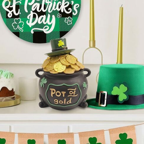 7.6" St Patricks Day Pot Of Gold Decorations, Resin Saint Patrick's Cookie Candy Jar Dish with Lid, Black Leprechaun Pot Of Gold Bucket Table Centerpieces Mantel March Home Decor, Irish Gifts in Saudi Arabia