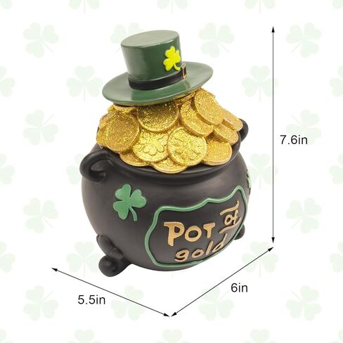 7.6" St Patricks Day Pot Of Gold Decorations, Resin Saint Patrick's Cookie Candy Jar Dish with Lid, Black Leprechaun Pot Of Gold Bucket Table Centerpieces Mantel March Home Decor, Irish Gifts in Saudi Arabia