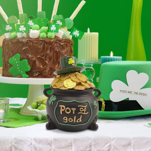 7.6" St Patricks Day Pot Of Gold Decorations, Resin Saint Patrick's Cookie Candy Jar Dish with Lid, Black Leprechaun Pot Of Gold Bucket Table Centerpieces Mantel March Home Decor, Irish Gifts in Saudi Arabia