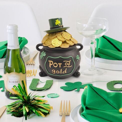 7.6" St Patricks Day Pot Of Gold Decorations, Resin Saint Patrick's Cookie Candy Jar Dish with Lid, Black Leprechaun Pot Of Gold Bucket Table Centerpieces Mantel March Home Decor, Irish Gifts in Saudi Arabia