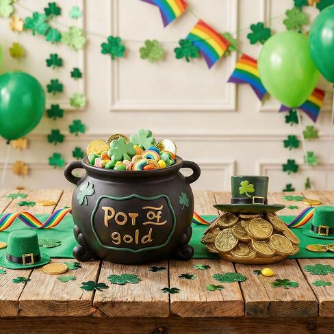 7.6" St Patricks Day Pot Of Gold Decorations, Resin Saint Patrick's Cookie Candy Jar Dish with Lid, Black Leprechaun Pot Of Gold Bucket Table Centerpieces Mantel March Home Decor, Irish Gifts in Saudi Arabia