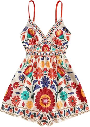 GORGLITTER Women's Floral Print Summer Romper Boho Sleeveless Wide Leg Short Jumpsuits Beach Vacation Cruise Outfits in Saudi Arabia