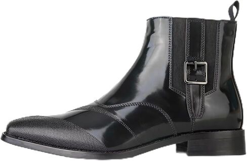 Men's Patent Leather Ankle Boots, Buckle Strap Chelsea Boots with Textured Toe, Stylish Dress Boots for Work & Daily in Saudi Arabia