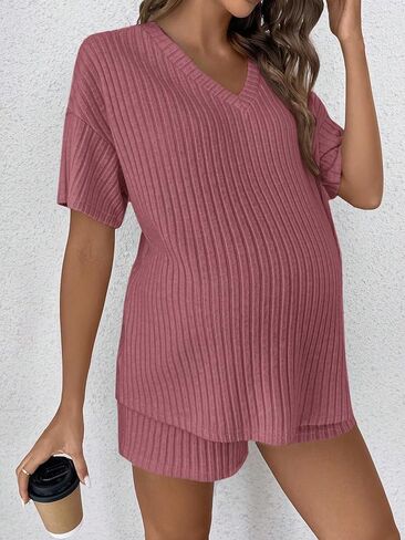 Women's Maternity Summer Short Sets 2 Piece Outfits Short Sleeve Ribbed T Shirt and Shorts in Saudi Arabia