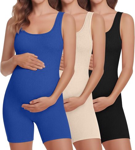 3 Pcs Women's Cotton Maternity Bodysuit Ribbed Pregnancy Shapewear Workout Romper Sleeveless Shorts Tanks Jumpsuit in Saudi Arabia
