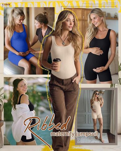 3 Pcs Women's Cotton Maternity Bodysuit Ribbed Pregnancy Shapewear Workout Romper Sleeveless Shorts Tanks Jumpsuit in Saudi Arabia
