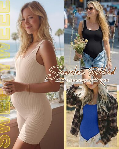3 Pcs Women's Cotton Maternity Bodysuit Ribbed Pregnancy Shapewear Workout Romper Sleeveless Shorts Tanks Jumpsuit in Saudi Arabia