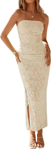 ZESICA Women's 2026 Summer Floral Strapless Maxi Dress Bodycon Tube Side Slit Mesh Wedding Guest Cocktail Party Long Dresses in Saudi Arabia