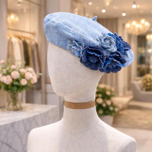Fashion Women's Denim Beret - French Artist-Style Adjustable Beret, Casual Sun hat for Women, Comfortable fit, Suitable for Outdoor and Stylish Outfits in Saudi Arabia