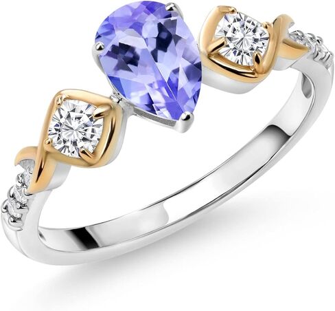 خاتم نسائي من Gem Stone King 0.97 Cttw أزرق تنزانيت مويسانيتي أبيض ومختبر أبيض من الماس للنساء | فضة إسترلينية عيار 925 وذهب أصفر عيار 10 قيراط | شكل كمثرى 7X5 ملم | الحجم 5-9 in Kuwait