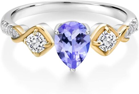 خاتم نسائي من Gem Stone King 0.97 Cttw أزرق تنزانيت مويسانيتي أبيض ومختبر أبيض من الماس للنساء | فضة إسترلينية عيار 925 وذهب أصفر عيار 10 قيراط | شكل كمثرى 7X5 ملم | الحجم 5-9 in Kuwait