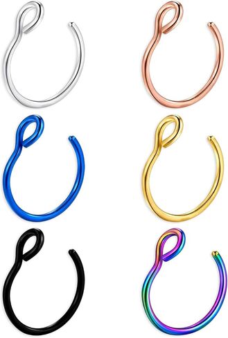 6PCS Fake Nose Ring, Multiple Colors Fashion Clip On Nose Ring Hoop,No Piercing Needed Nose Cuff,20 gauge Faux Piercing for Women, Men (8mm) in Saudi Arabia