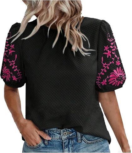 Mexico Shirts Womens Embroidered Boho Tops Floral Short Puff Sleeve Casual Dressy Blouse Elegant Summer Tops Tees in Saudi Arabia