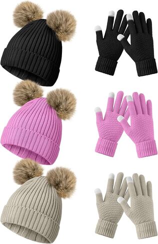 3 Set Kids Beanie Hat and Glove Set Winter Warm Toddler Knit Hat with Pom and Gloves for Girls Boys 5-11 Years in Kuwait