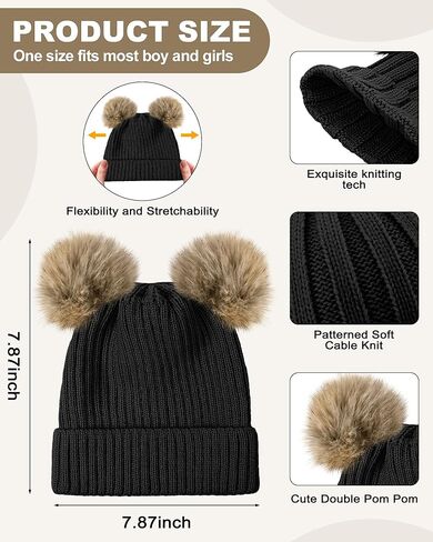 3 Set Kids Beanie Hat and Glove Set Winter Warm Toddler Knit Hat with Pom and Gloves for Girls Boys 5-11 Years in Kuwait