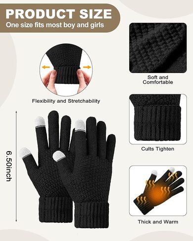 3 Set Kids Beanie Hat and Glove Set Winter Warm Toddler Knit Hat with Pom and Gloves for Girls Boys 5-11 Years in Kuwait