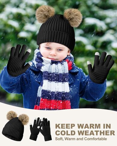 3 Set Kids Beanie Hat and Glove Set Winter Warm Toddler Knit Hat with Pom and Gloves for Girls Boys 5-11 Years in Kuwait