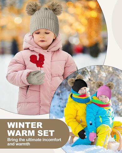 3 Set Kids Beanie Hat and Glove Set Winter Warm Toddler Knit Hat with Pom and Gloves for Girls Boys 5-11 Years in Kuwait