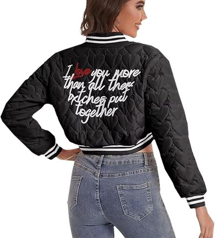 jeecoin Women's Baseball Varsity Jacket Cropped Bomber Quilted Jackets Vintage Casual Lightweight Crop Top Coat in Saudi Arabia