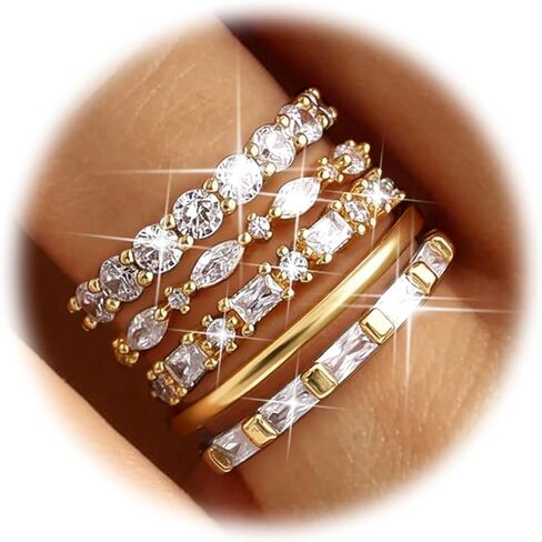 FUNRUN JEWELRY خواتم مطلية بالذهب عيار 14 قيراط للنساء، حلقات قابلة للتكديس غير قابلة للتلطيخ، مجموعة خواتم مفصلية أنيقة مكعبة الزركونيا، مجموعة خواتم مفصل الإبهام، بيان عصري، وعد الزفاف، حلقة التراص الرقيقة مقاس 5-10، 5 قطع in Kuwait