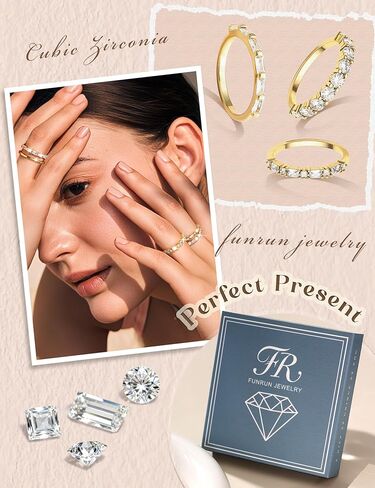 FUNRUN JEWELRY خواتم مطلية بالذهب عيار 14 قيراط للنساء، حلقات قابلة للتكديس غير قابلة للتلطيخ، مجموعة خواتم مفصلية أنيقة مكعبة الزركونيا، مجموعة خواتم مفصل الإبهام، بيان عصري، وعد الزفاف، حلقة التراص الرقيقة مقاس 5-10، 5 قطع in Kuwait