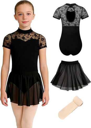 زي رقص أسود للفتيات بأكمام قصيرة من الدانتيل مع تنورة، لباس ضيق باليه، ربطات شعر للجمباز in Kuwait