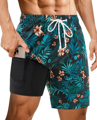 7 بوصة رجل السباحة جذوع مع ضغط بطانة رجل ثوب السباحة سستة جيب سريعة الجافة تمتد أوراق شجرة النخيل 2in1 in Kuwait