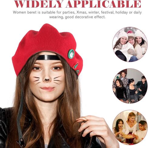 SUPVOX Christmas Beret Hat Women’s Wool Blend Warm Decorative Beret for Ladies Holiday Party Red Winter Cap Festive Button Accessory in Saudi Arabia