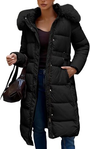 Women's Winter Thickened Quilted Puffer Coat Zipper Pockets Bubble Jacket Long Outerwear with Faux Fur Collar in Saudi Arabia