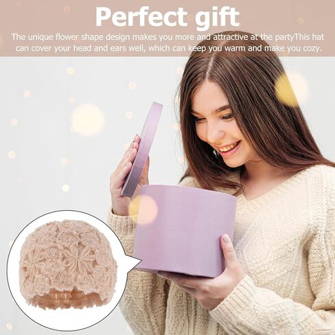 ARTIBETTER Flower Hollow Knitted Beret Hat Women Warm Ear Protection Winter Outdoor Fashion Bowler Cap Beige in Saudi Arabia