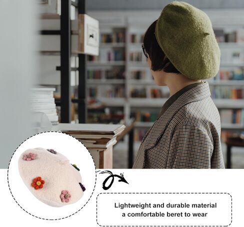 قبعة VALICLUD من الصوف على شكل زهرة، قبعة صغيرة للرسام الدافئ، قبعة صوف للخريف والشتاء مع زخرفة الأزهار، قبعة الفنان باللون البيج الناعم in Kuwait
