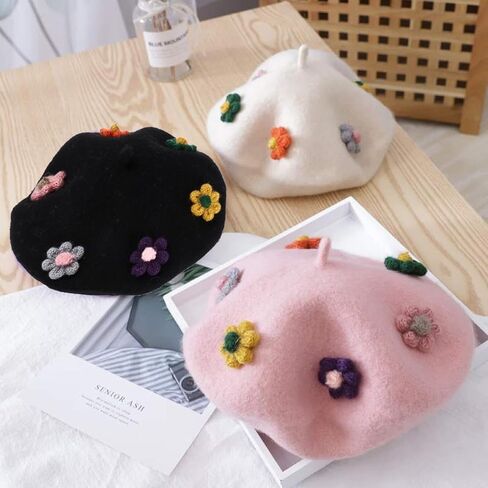 قبعة VALICLUD من الصوف على شكل زهرة، قبعة صغيرة للرسام الدافئ، قبعة صوف للخريف والشتاء مع زخرفة الأزهار، قبعة الفنان باللون البيج الناعم in Kuwait