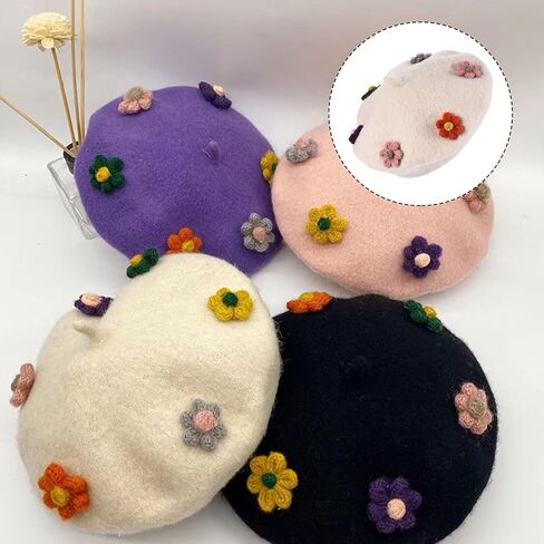 قبعة VALICLUD من الصوف على شكل زهرة، قبعة صغيرة للرسام الدافئ، قبعة صوف للخريف والشتاء مع زخرفة الأزهار، قبعة الفنان باللون البيج الناعم in Kuwait