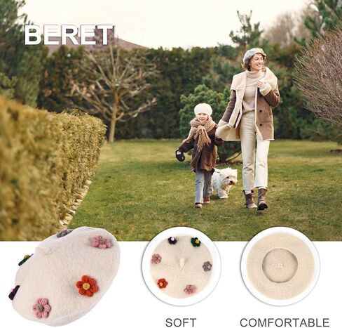 PartyKindom Flower Beret Hat Woolen Warm Beanie Painter Cap for Autumn Winter Wear Decorative Fashion Accessories Beige in Saudi Arabia
