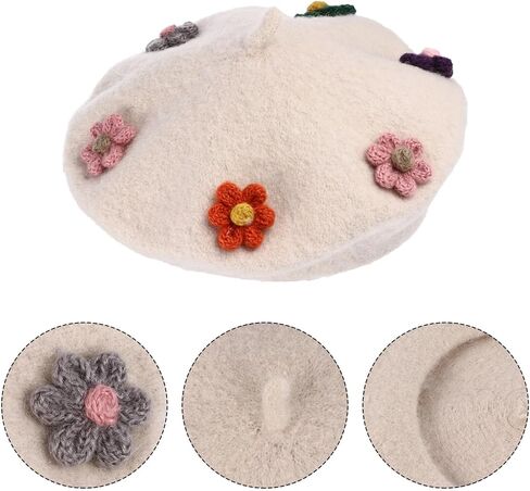 PartyKindom Flower Beret Hat Woolen Warm Beanie Painter Cap for Autumn Winter Wear Decorative Fashion Accessories Beige in Saudi Arabia