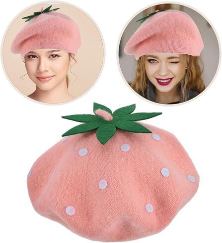 Yardwe Pink Strawberry Wool Beret Hat Vintage Painter Cap Winter Warm Woolen Beret for 48-52cm Cozy Autumn Fruit Costume Accessory in Saudi Arabia