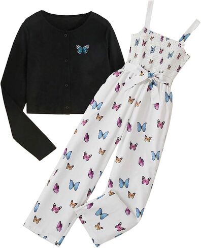 طقم بناتي مكون من قطعتين بلوفر وبذلة بطباعة فراشة من 7 إلى 13 سنة in Kuwait