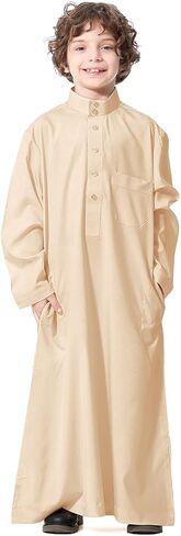 IWEMEK Kids Arabic Abaya Thobe for Boys Muslim Prayer Dress Arab Islamic Kaftan Robe Pockets Buttons Dubai Solid Color Thobe in Saudi Arabia