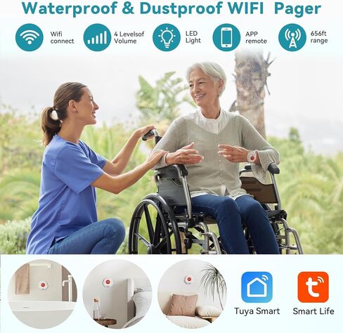 أنظمة تنبيه الحياة لمقدمي الرعاية عبر WiFi لكبار السن بدون رسوم شهرية، أنظمة تنبيه طبية للتحكم في التطبيقات لكبار السن، 1 زر اتصال مقاوم للماء + 1 زر ساعة، 1 جهاز استقبال (يدعم فقط شبكة Wi-Fi بسرعة 2.4 جيجا هرتز) in Kuwait