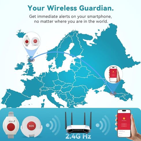 أنظمة تنبيه الحياة لمقدمي الرعاية عبر WiFi لكبار السن بدون رسوم شهرية، أنظمة تنبيه طبية للتحكم في التطبيقات لكبار السن، 1 زر اتصال مقاوم للماء + 1 زر ساعة، 1 جهاز استقبال (يدعم فقط شبكة Wi-Fi بسرعة 2.4 جيجا هرتز) in Kuwait