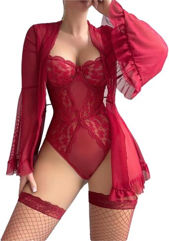Women Sexy Lingerie Set 2 Piece Sheer Kimono Robe with Lace Teddy Lingerie Bodysuit ﻿ in Saudi Arabia