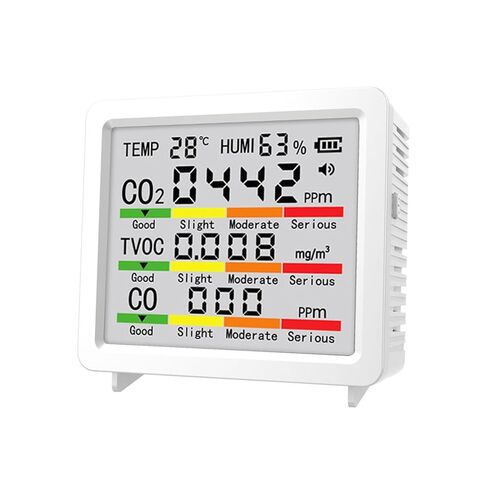 شاشة غاز يونسيتي 5 في 1، كاشف رطوبة درجة حرارة ثاني أكسيد الكربون TVOC CO المحمول مع شاشة LCD ومؤشرات مرمزة بالألوان، لمراقبة جودة الهواء في الهواء الطلق في المنزل والمكتب (أسود) in Saudi Arabia