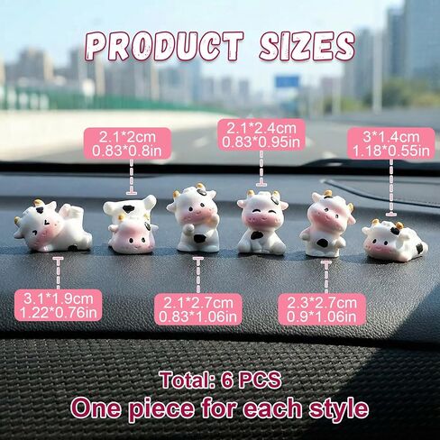 6pcs Mini Cow Car Dashboard Decor, 6 Styles Cute Cow Print Car Accessories, Playful Cows Rear View Mirror Ornaments Decorations for Offices, Home in Kuwait