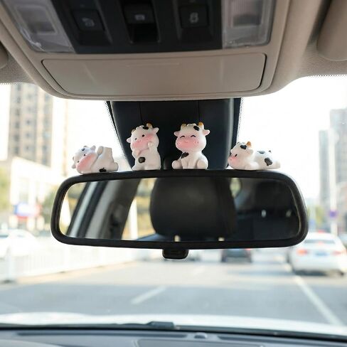 6pcs Mini Cow Car Dashboard Decor, 6 Styles Cute Cow Print Car Accessories, Playful Cows Rear View Mirror Ornaments Decorations for Offices, Home in Kuwait